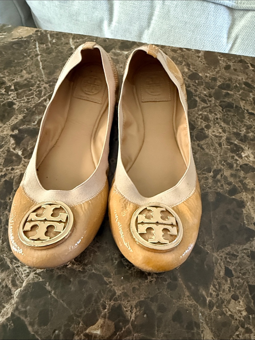 Tory Burch Patent Leather Tan Logo Ballet Flats
